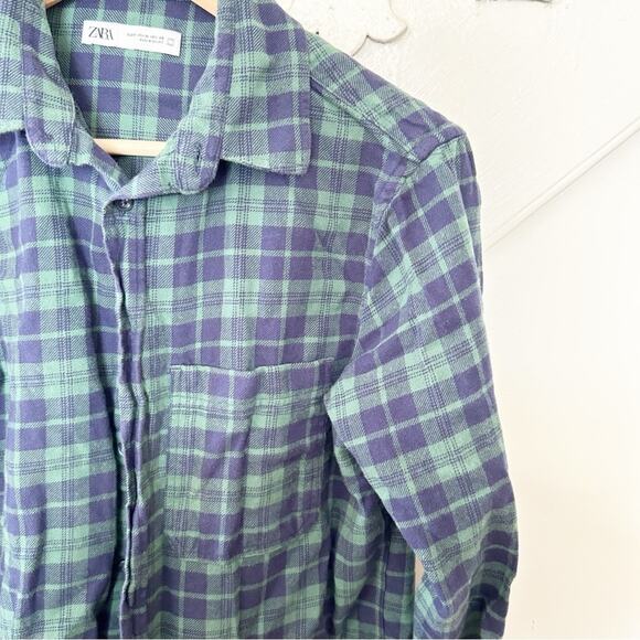 Zara Green Blue Plaid Cotton Button-Down Long Sleeves Collared Shirt Size M - Picture 5 of 6